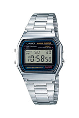 Casio unisex quartz watch with silver metal band and digital display showing time and date