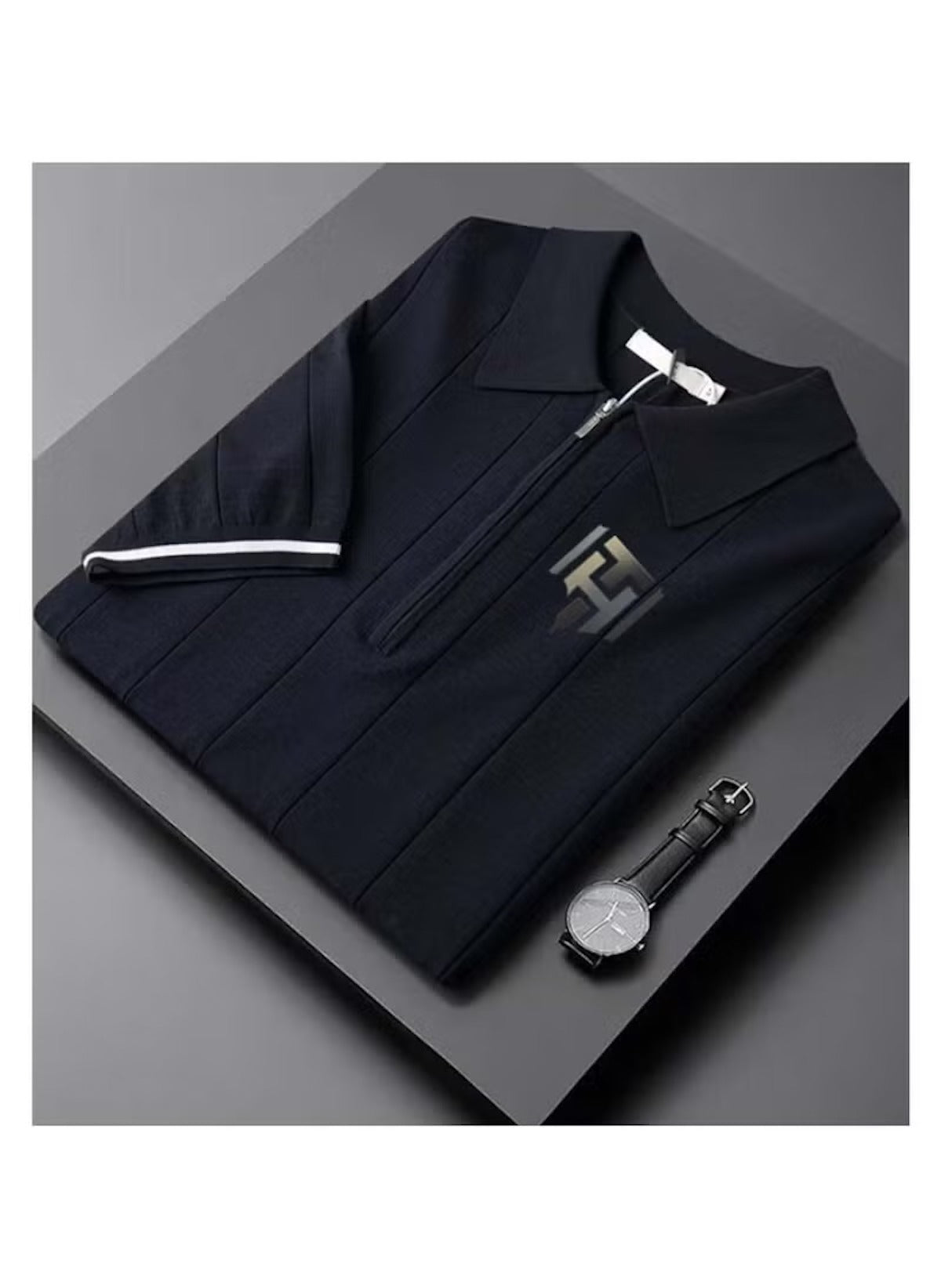 Huitich casual half zipper polo shirt in black with short sleeves and a front logo detail