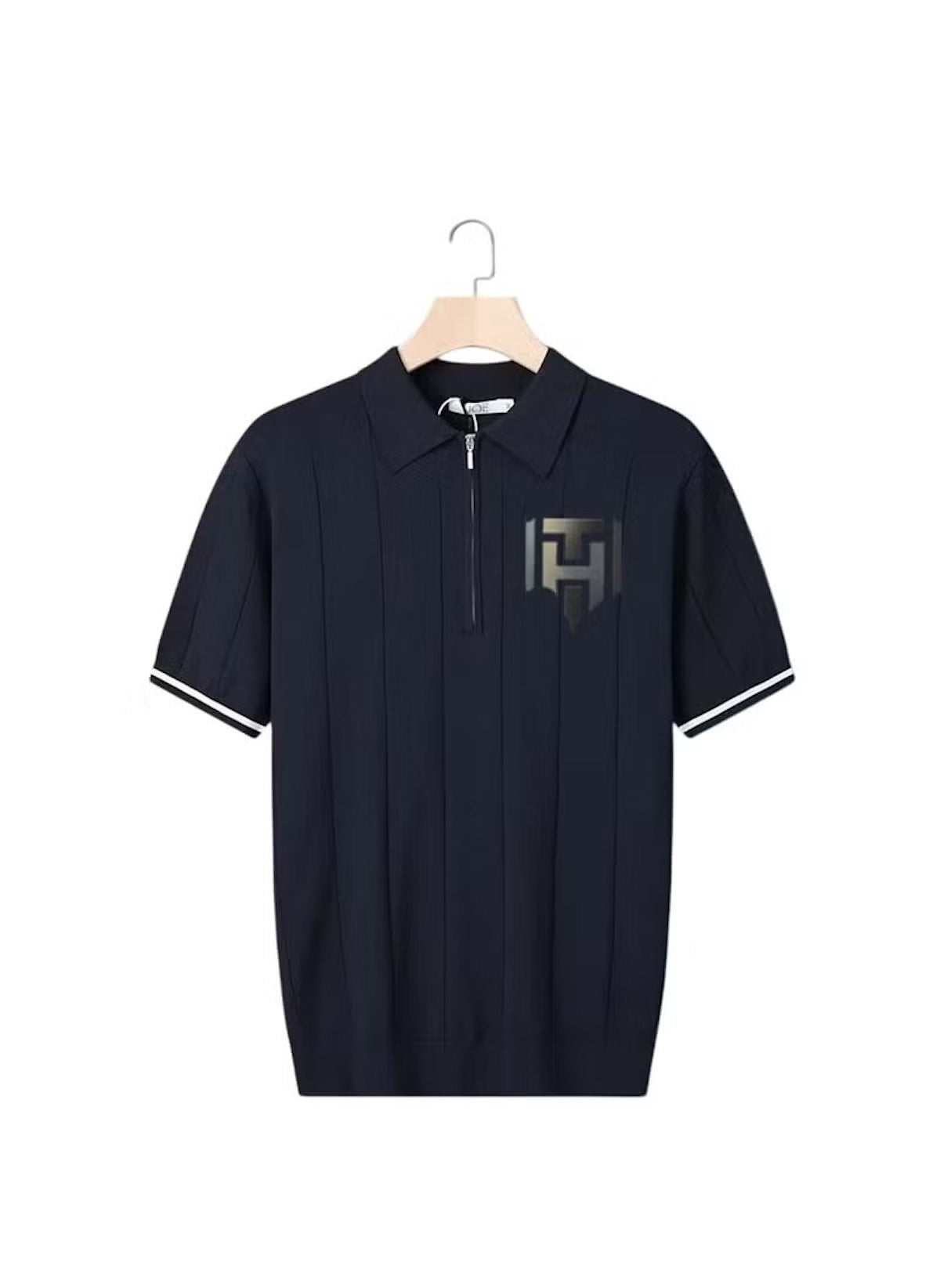 Huitich black casual half zipper polo shirt with short sleeves and logo on chest