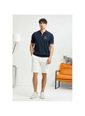 Huitich navy casual half zipper polo shirt worn with white shorts and sneakers