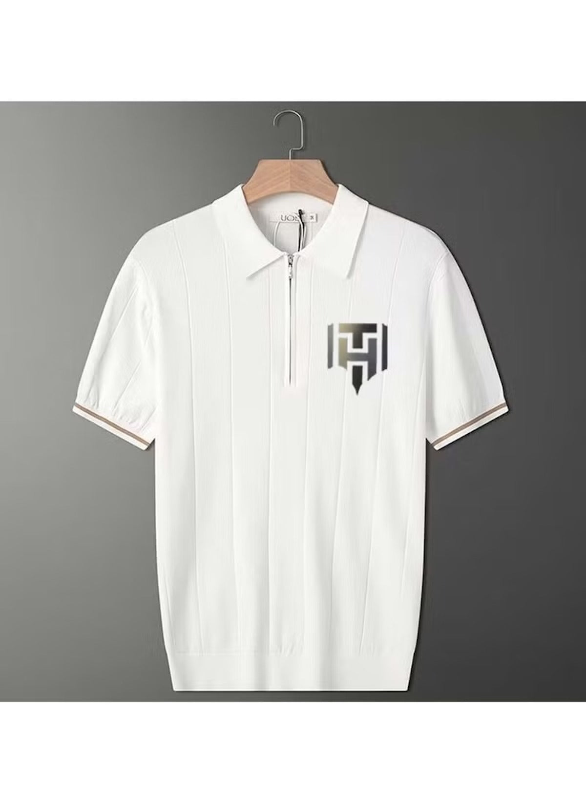 Huitich white casual half zipper polo shirt with short sleeves and logo on chest