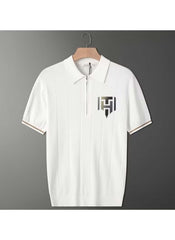 Huitich white casual half zipper polo shirt with short sleeves and logo on chest
