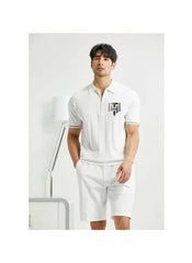 Huitich casual half zipper polo shirt in white worn by male model with matching shorts