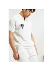 Huitich casual half zipper polo shirt in white worn with matching white pants