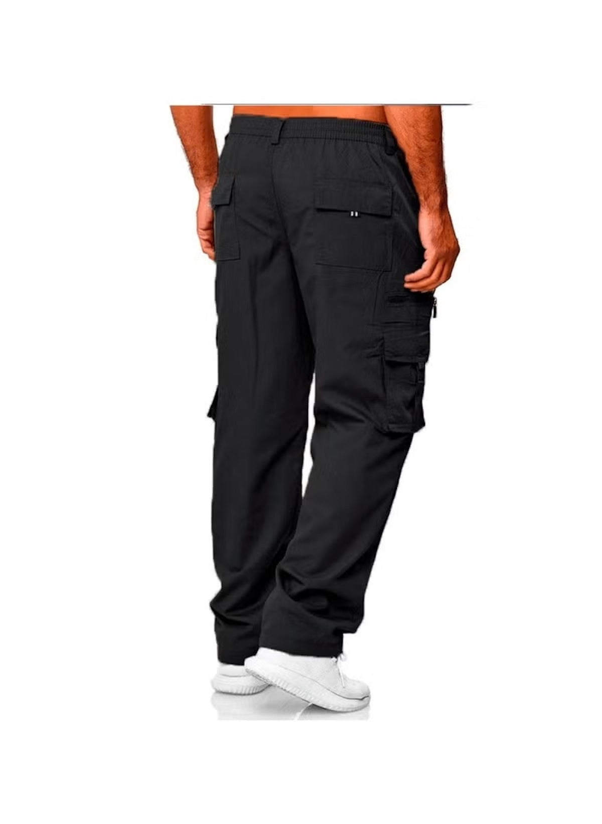 Huitich black casual straight leg cargo pants with multiple pockets worn with white sneakers