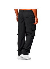 Huitich black casual straight leg cargo pants with multiple pockets worn with white sneakers