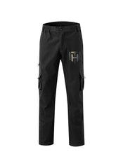 Huitich black casual straight leg cargo pants with multiple pockets and logo detail