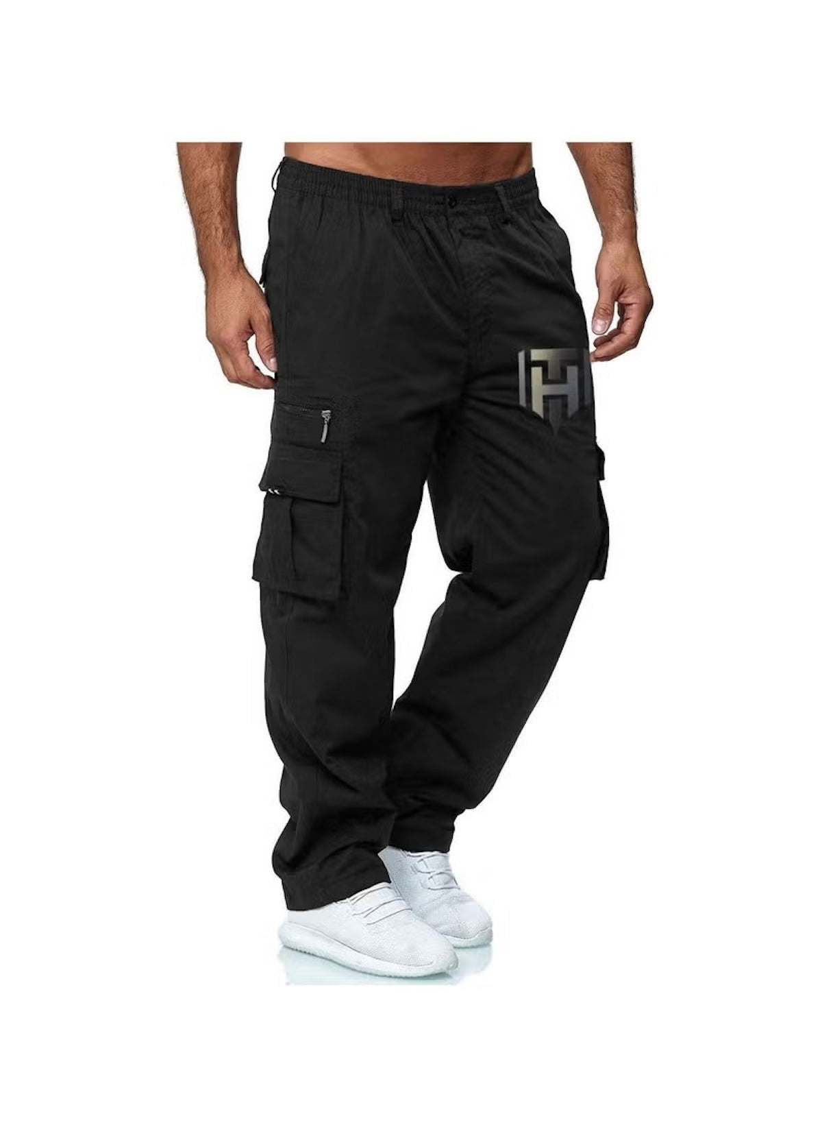 Huitich black casual straight leg cargo pants with multiple pockets worn by male model