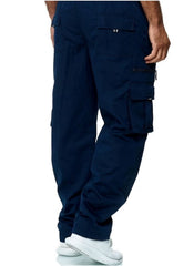 Huitich navy blue casual straight leg cargo pants with multiple pockets and zipper details