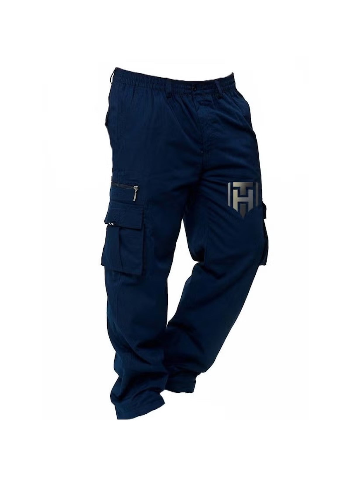Huitich casual straight leg cargo pants in navy blue with multiple pockets and zipper details