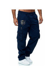 Huitich navy casual straight leg cargo pants with multiple pockets and elastic waistband