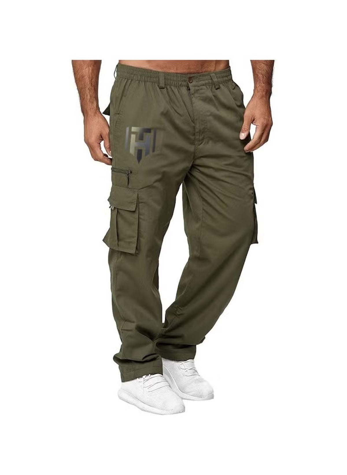 Huitich casual straight leg cargo pants in olive green with multiple pockets and white sneakers