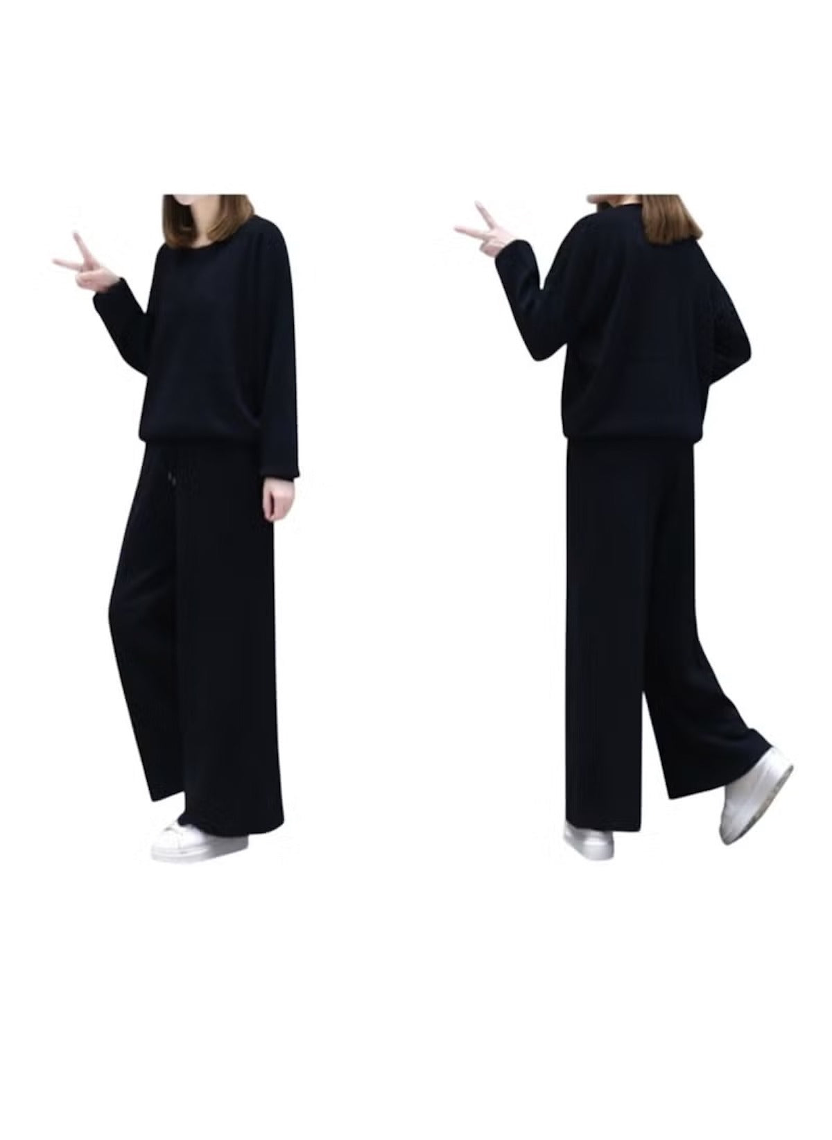 Huitich casual two-piece suit for women in black with loose fit and long sleeves shown from front and back