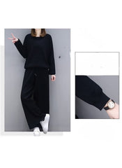 Huitich casual two-piece suit for women in black with long sleeves and wide-leg pants