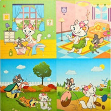 Kids foam play mat with cat and mouse cartoon scenes, four-panel design
