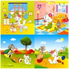 Kids foam play mat showing cat and mouse cartoon activities in four sections