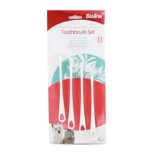 Pet toothbrush set for cats and puppies, 4-piece pack with red-and-white brushes