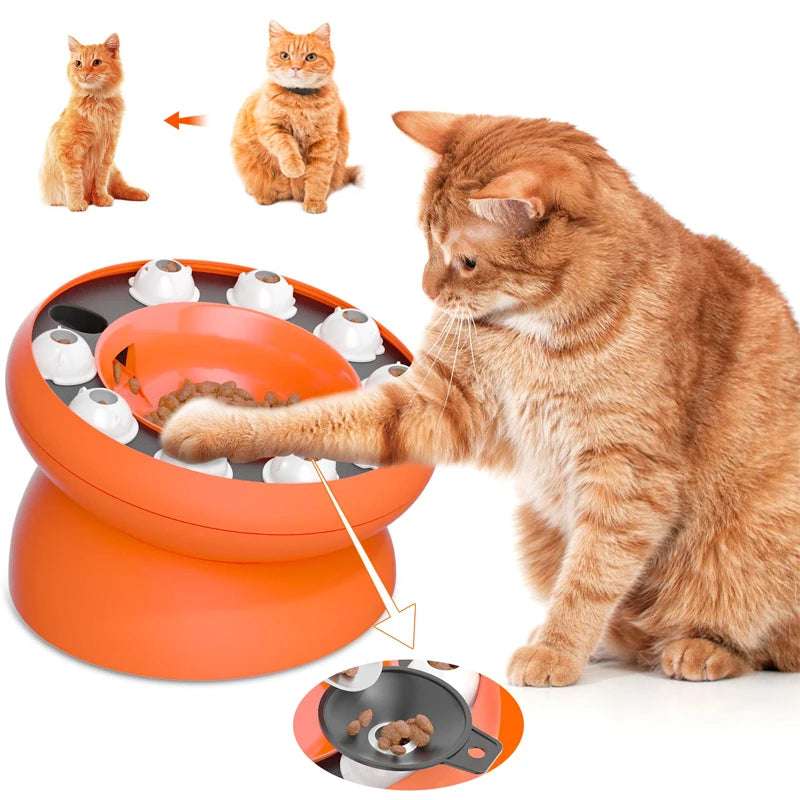 Mumzar cat puzzle feeder bowl in orange, designed for engaging cats during mealtime