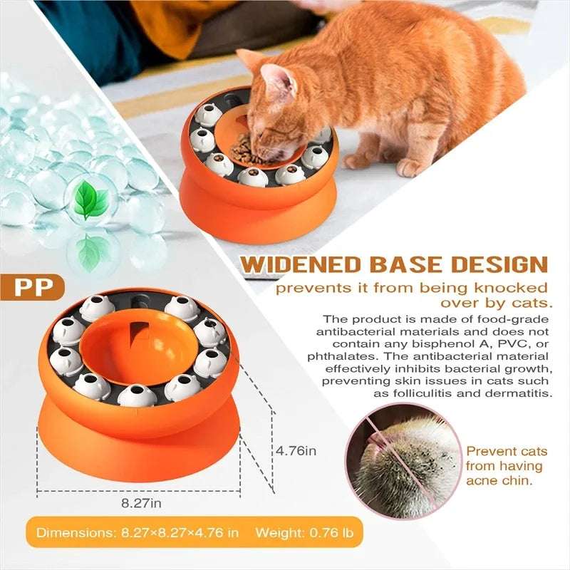 Mumzar cat puzzle feeder bowl with widened base design to prevent tipping and promote engaging feeding