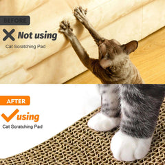 Before and after images of a cat using a cat scratch board cardboard to prevent furniture scratching