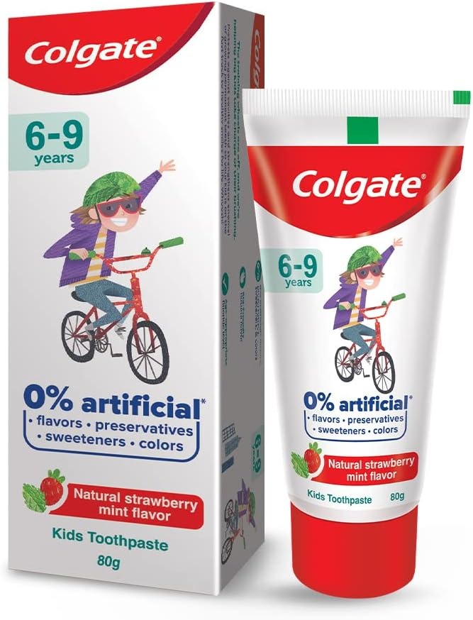 Colgate Kids Toothpaste with 0% Artificial Preservatives, Colours, Sweeteners for Whitening (6-9 Years, Natural Strawberry Mint Flavour - 80g Tube)