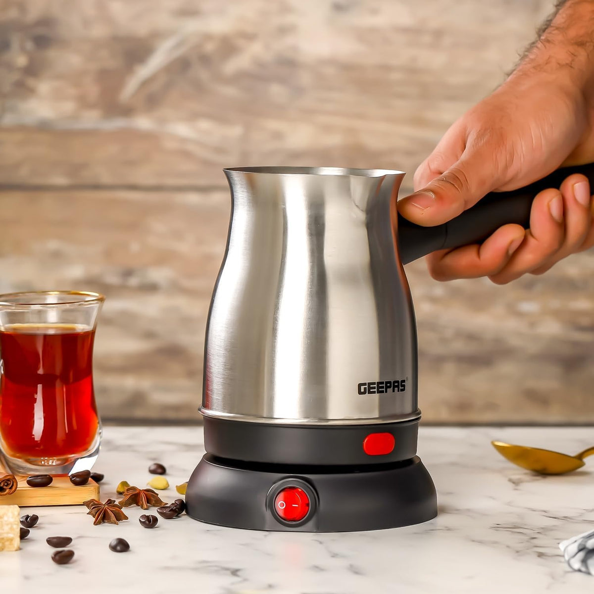 Geepas Electric Turkish Coffee Maker, Stainless Steel, GK38050 | 0.8L Capacity | 360-Degree Rotation | Non-Automatic Cut Off | Coffee Kettle for Home Office | Food Grade and Safe to Drink