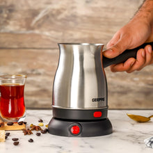 Geepas electric Turkish coffee maker, stainless steel kettle, black base, red power switch