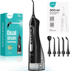 Black countertop water flosser with jet nozzles and 300 ml tank