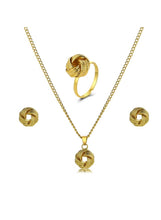 Gold knot jewelry set with pendant necklace, matching earrings and ring