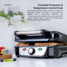 Black electric Belgian waffle maker with adjustable dial and power-ready lights