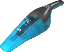 Black+Decker Dustbuster cordless handheld vacuum, blue and black, close-up handle and bin.