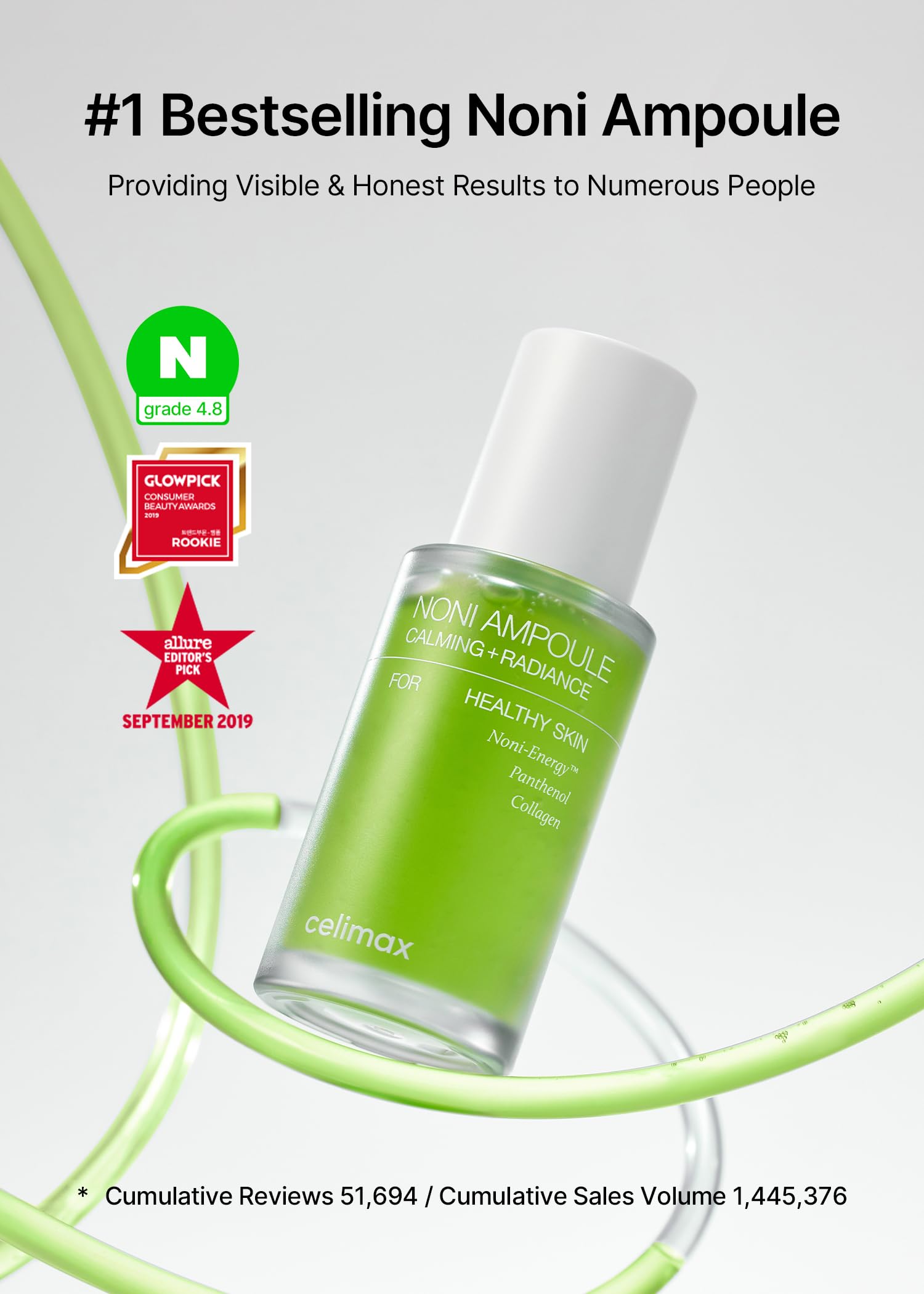 CELIMAX Noni Ampoule green glass bottle on white background with award badges and skincare text celimax noni ampoule UAE