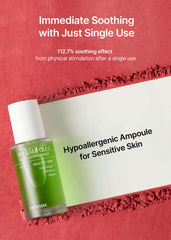 CELIMAX green noni ampoule bottle on red textured background with card text about soothing sensitive skin celimax noni ampoule UAE