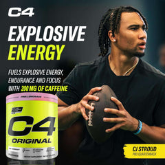 Cellucor C4 Original pre-workout UAE tub with pink lemonade label beside CJ Stroud holding a football