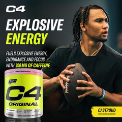 Cellucor C4 Original pre-workout UAE tub with pink lemonade label beside CJ Stroud holding a football