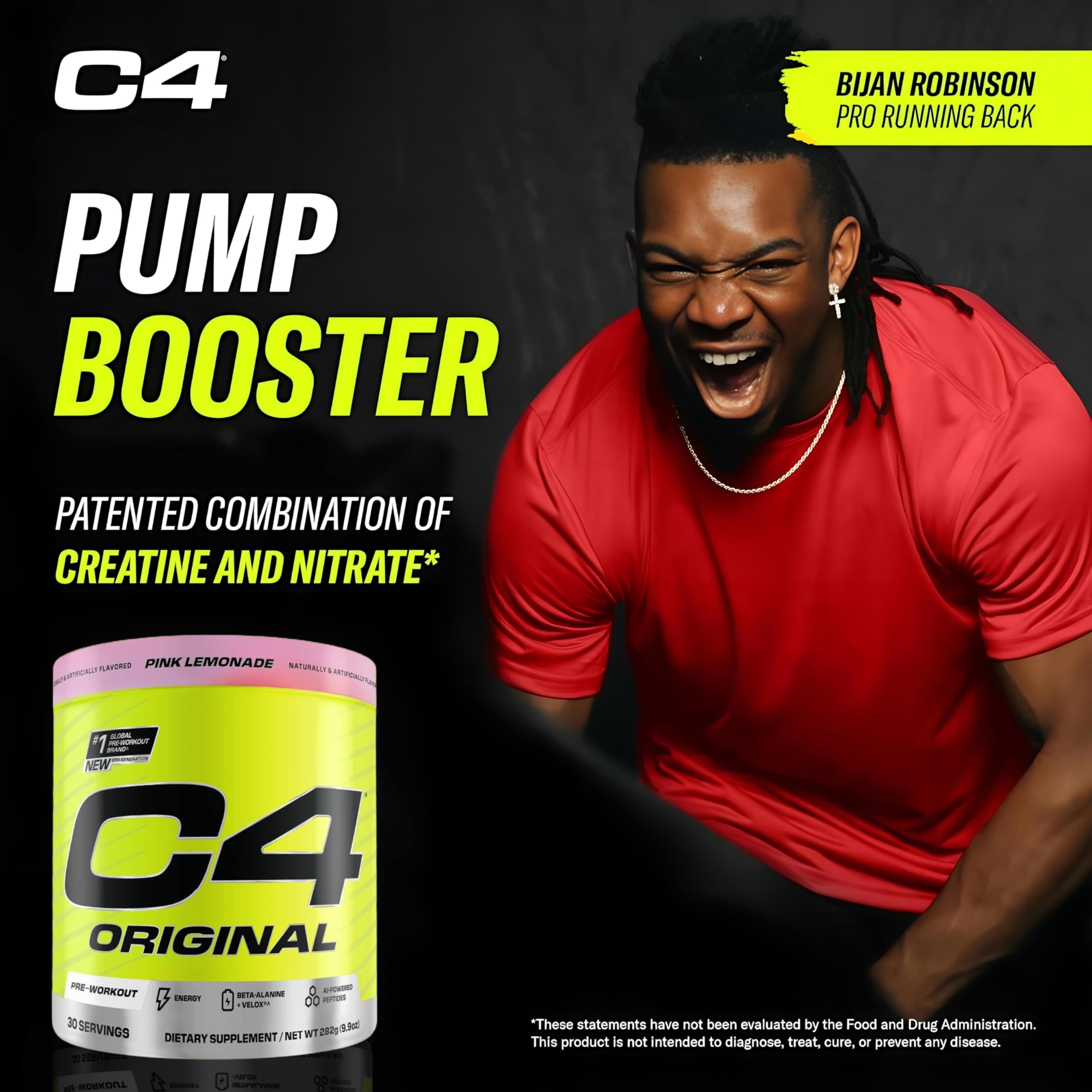 Cellucor C4 Original pre-workout UAE showing pink lemonade tub and athlete in red shirt promoting pump booster