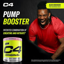 Cellucor C4 Original pre-workout tub shown in ad, Pink Lemonade label on front