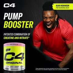 Cellucor C4 Original pre-workout UAE showing pink lemonade tub and athlete in red shirt promoting pump booster