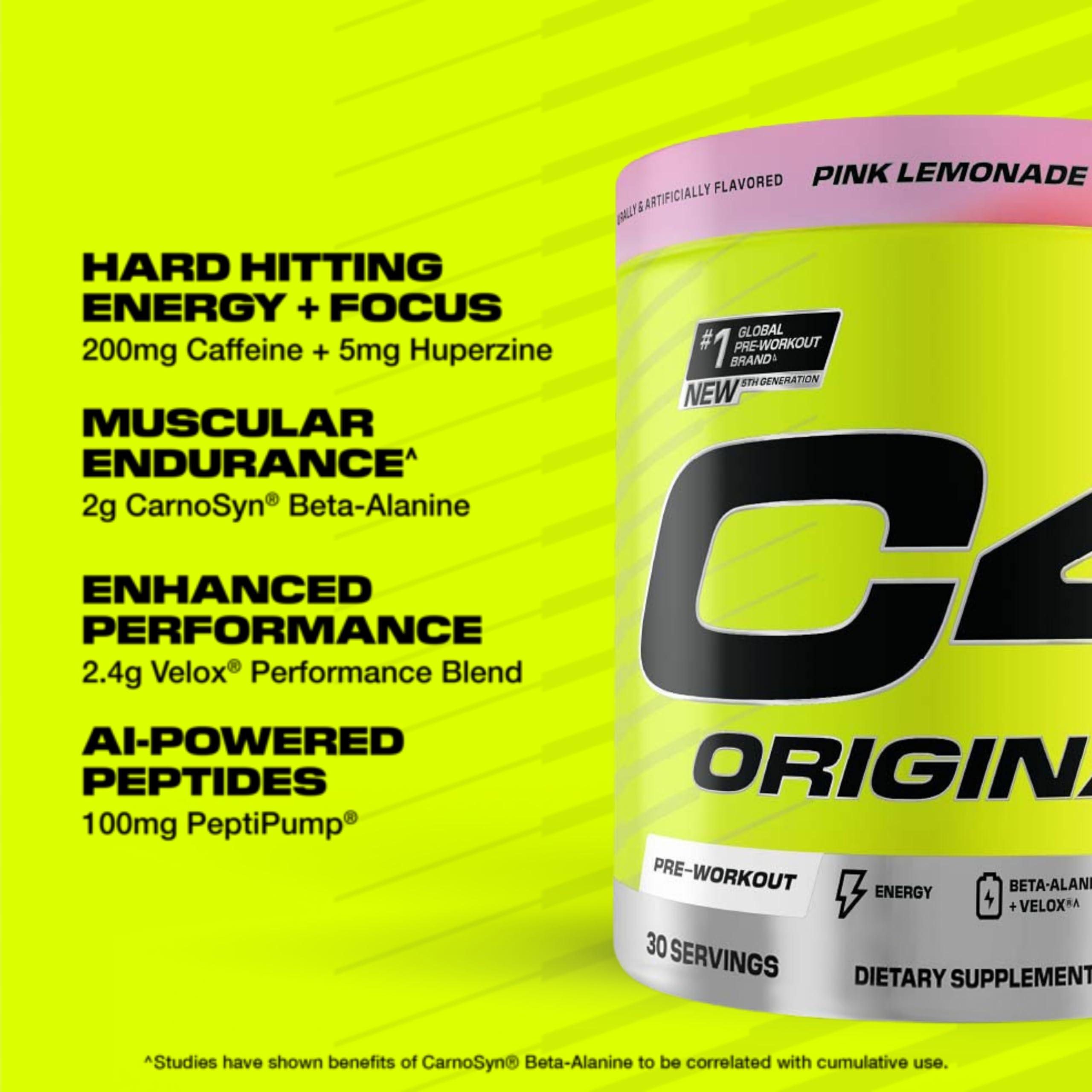 Cellucor C4 Original pre-workout UAE neon yellow Pink Lemonade tub closeup showing energy endurance benefits label