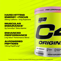 Cellucor C4 Original pre-workout UAE neon yellow Pink Lemonade tub closeup showing energy endurance benefits label