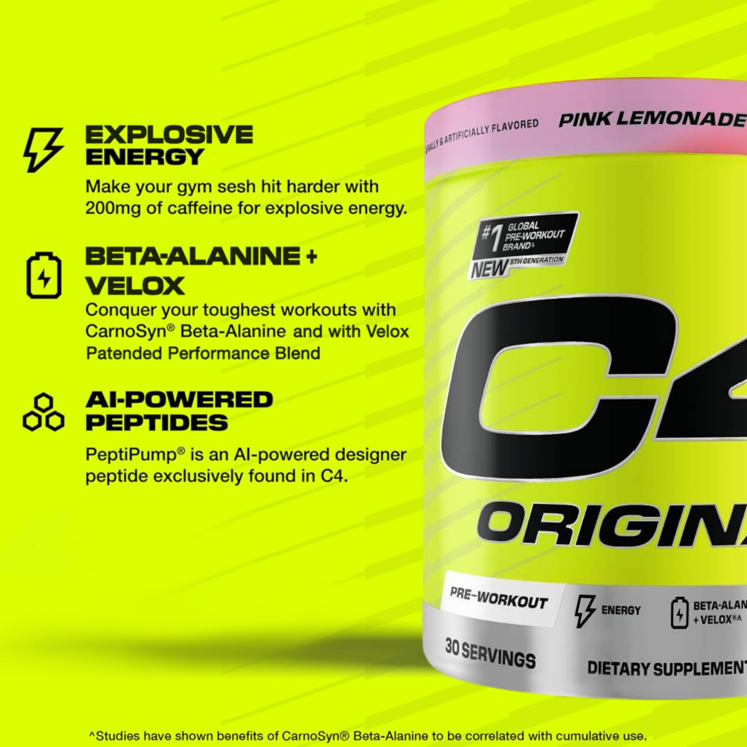 Cellucor C4 Original pre-workout UAE Pink Lemonade tub with explosive energy beta alanine Velox AI powered peptides 30 servings