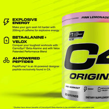 Cellucor C4 Original pre-workout tub with Explosive Energy callouts, lime-green graphics