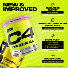 Cellucor C4 Original pre-workout UAE neon yellow pink lemonade tub with new and improved energy endurance and pump callouts