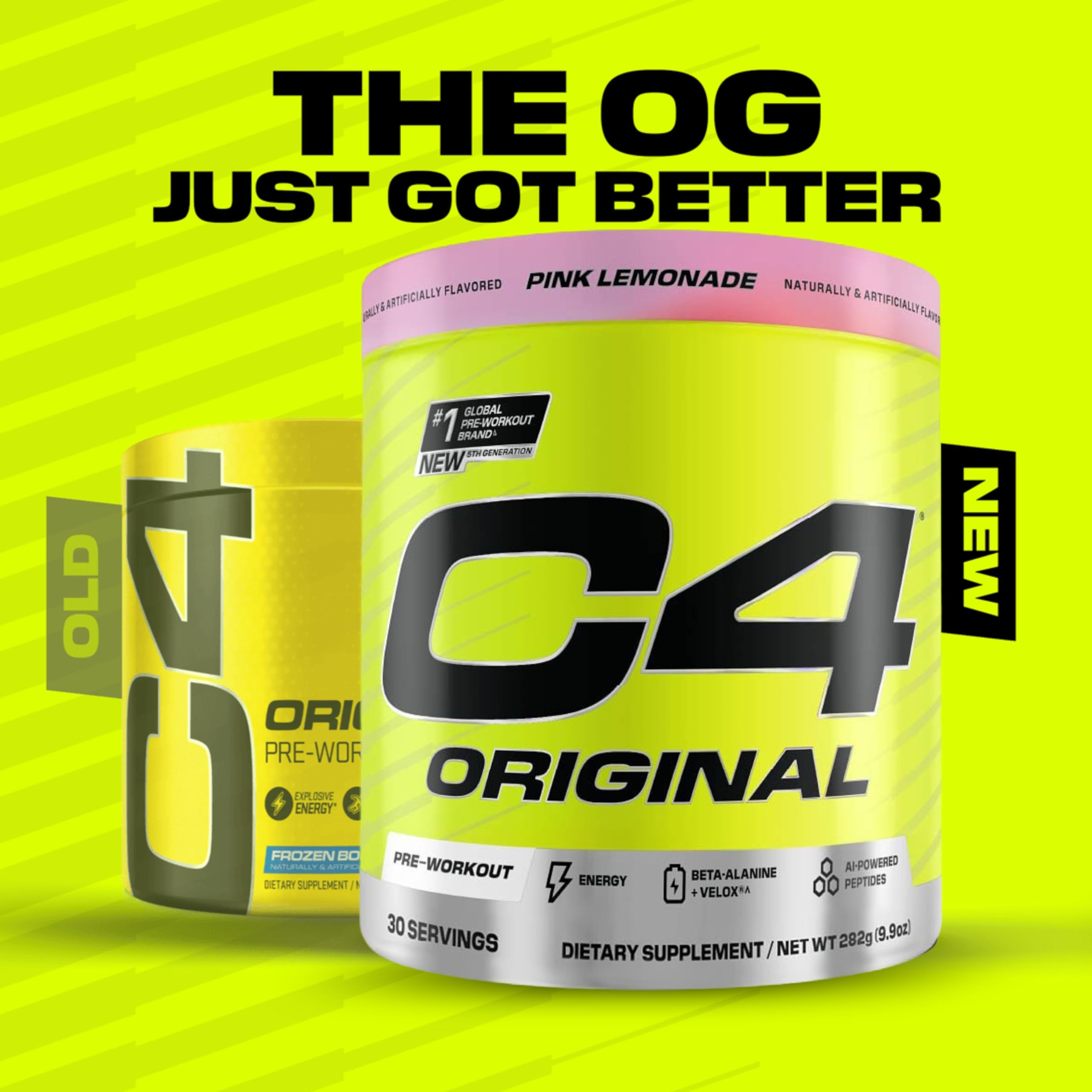 Cellucor C4 Original pre-workout UAE yellow tub with pink lemonade lid and bold C4 logo on bright background