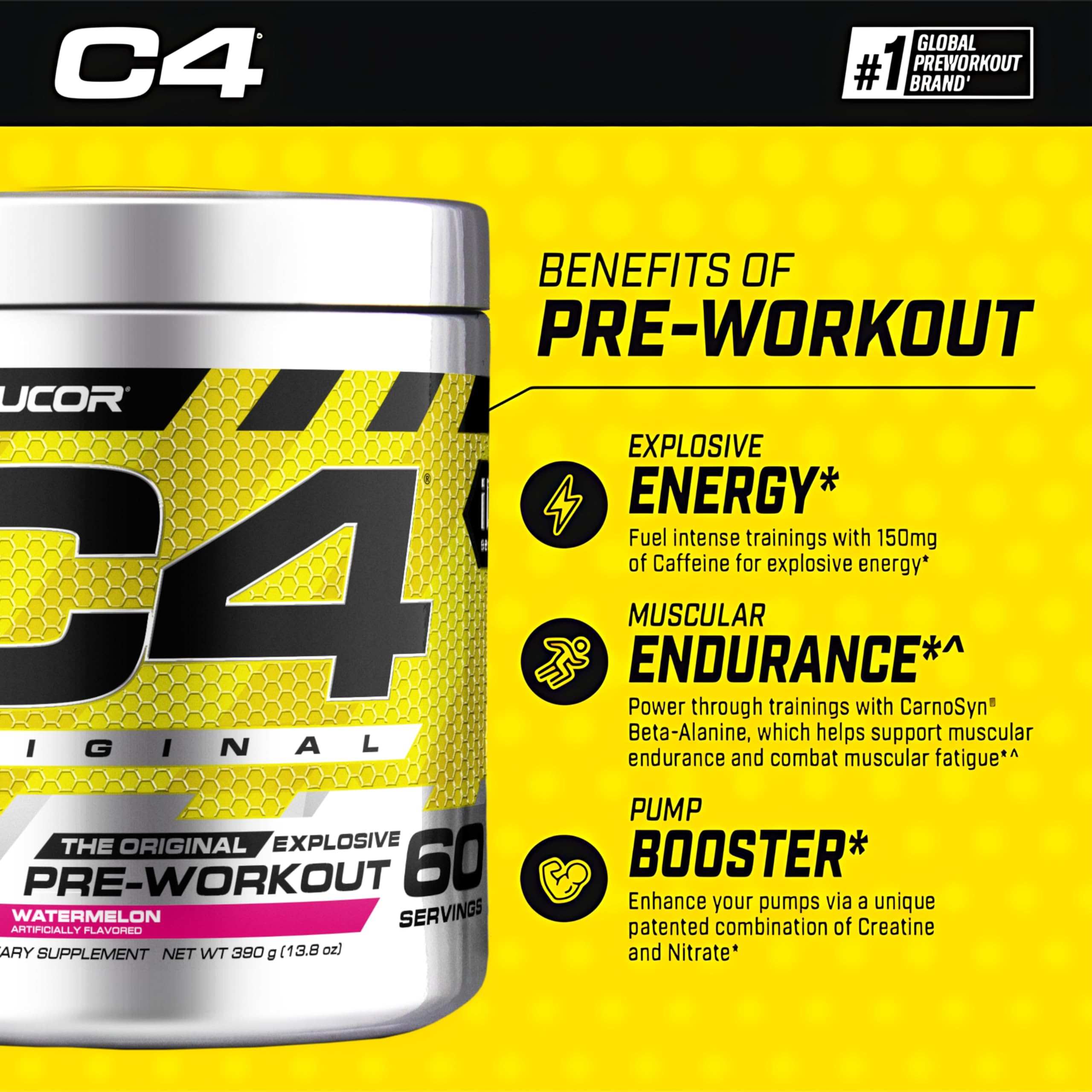 Cellucor C4 pre workout powder tub on yellow background showing benefits explosive energy muscular endurance pump booster