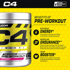 Cellucor C4 pre workout powder tub on yellow background showing benefits explosive energy muscular endurance pump booster