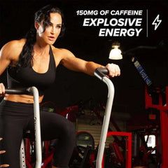 Cellucor C4 pre workout powder promotional image showing woman on air bike in gym highlighting explosive energy