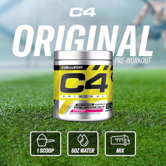 Cellucor C4 pre workout powder Original tub on grass with serving icons 1 scoop 6oz water mix