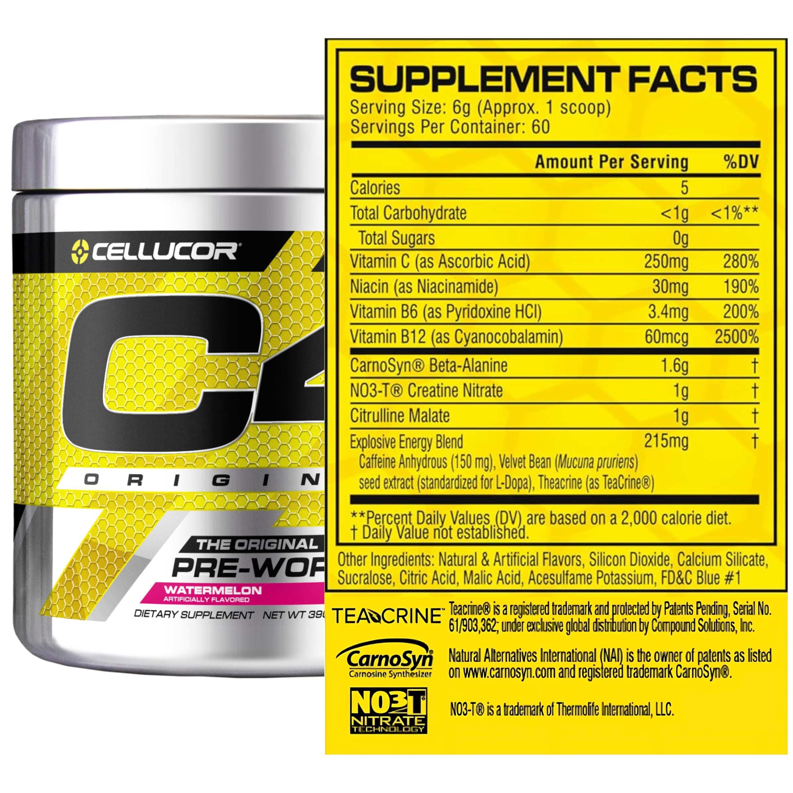 Cellucor C4 pre workout powder watermelon flavor tub with yellow supplement facts panel and ingredients