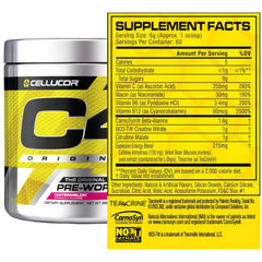 Cellucor C4 pre workout powder watermelon flavor tub with yellow supplement facts panel and ingredients